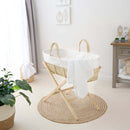 White Scandi Palm Moses Basket on the Clair de Lune Natural Compact Folding Moses Stand and with the white Pram Cellular Blanket | Moses Baby Baskets, Bassinets | Nursery Furniture - Clair de Lune UK