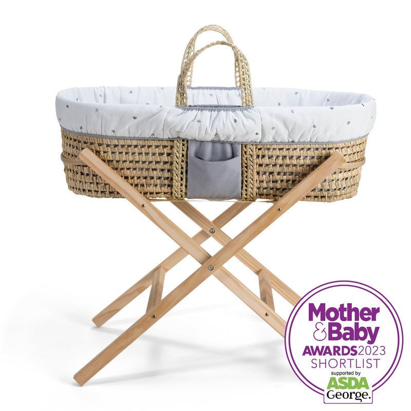 Reversible Lullaby Hearts Palm Moses Basket Bundle in the embroidered Lullaby Hearts side with a spacious pocket for storage | Moses Baskets and Stands | Co-sleepers | Nursery Furniture - Clair de Lune UK