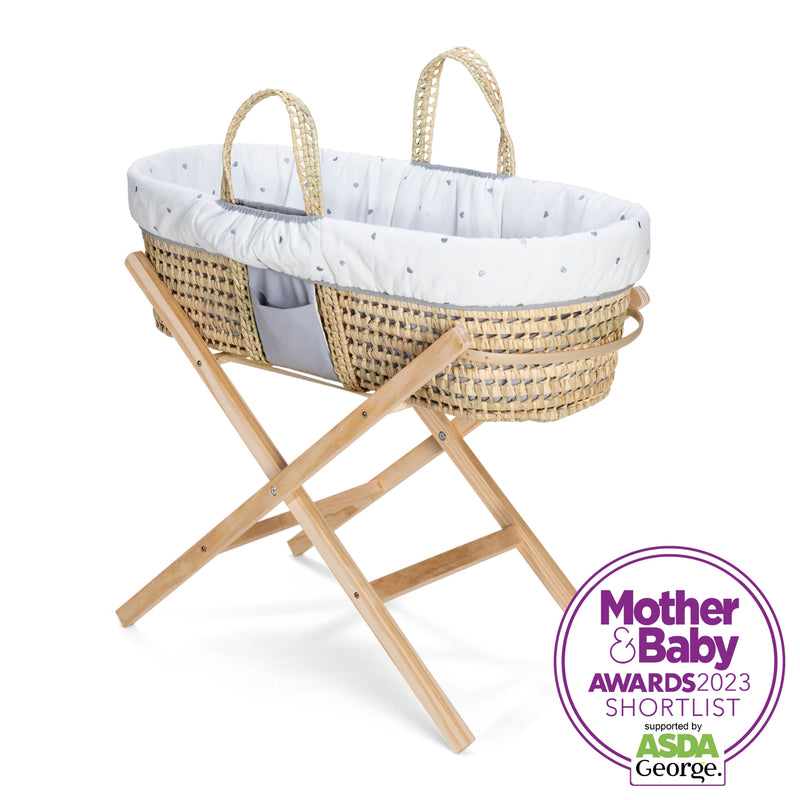 Reversible Lullaby Hearts Palm Moses Basket Bundle with a spacious pocket for storage | Moses Baskets and Stands | Co-sleepers | Nursery Furniture - Clair de Lune UK