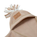 The hood of the Oatmeal brown Star Fleece Baby Wrap Blanket showing the tassel integrated hood and a close up of the Clair de Lune 'Made with Love' label | Cosy Baby Blankets | Swaddle Blanket | Nursery Bedding - Clair de Lune UK