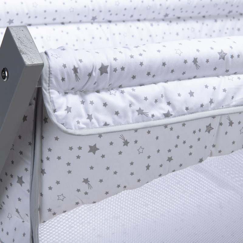 The breathable white mesh and soft star-print dressing of the Stars & Stripes Folding Breathable Crib | Bedside Cribs & Folding Cribs | Next To Me Cots & Newborn Baby Beds | Co-sleepers - Clair de Lune UK