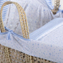 Blue Stars & Stripes Moses Basket Bedding Set including matching coverlet and hood dressed on a natural palm Moses basket with two sturdy palm handles | Moses Basket Dressings | Nursery Bedding & Decor Collections | Nursery Inspiration - Clair de Lune UK