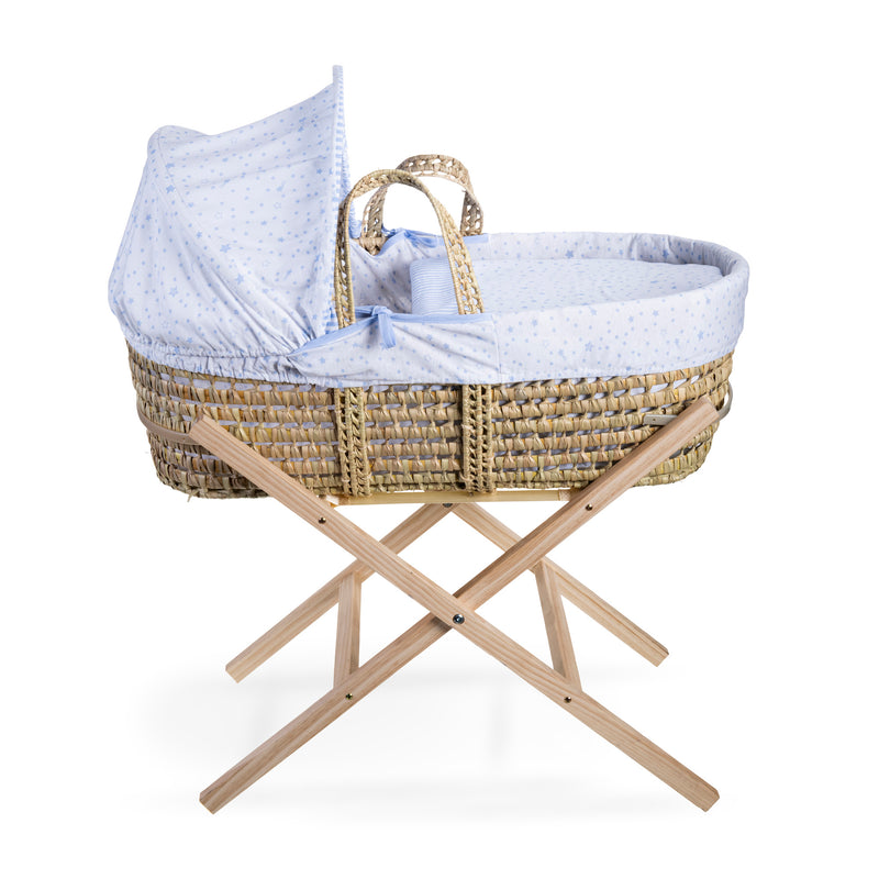 Blue Stars & Stripes Palm Moses Basket on the natural compact folding Moses stand | Moses Baskets | Co-sleepers | Nursery Furniture - Clair de Lune UK