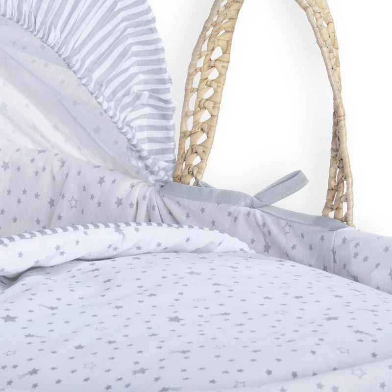 Grey Stars & Stripes Moses Basket Bedding Set including matching coverlet and hood dressed on a natural palm Moses basket with sturdy palm handle | Moses Basket Dressings | Nursery Bedding & Decor Collections | Nursery Inspiration - Clair de Lune UK