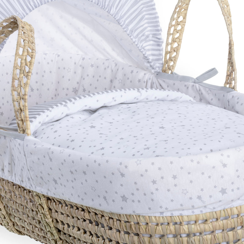 Grey Stars & Stripes Moses Basket Bedding Set including matching coverlet and hood dressed on a natural palm Moses basket with two sturdy palm handles to create a soothing sleeping space for babies | Moses Basket Dressings | Bedding Sets - Clair de Lune U