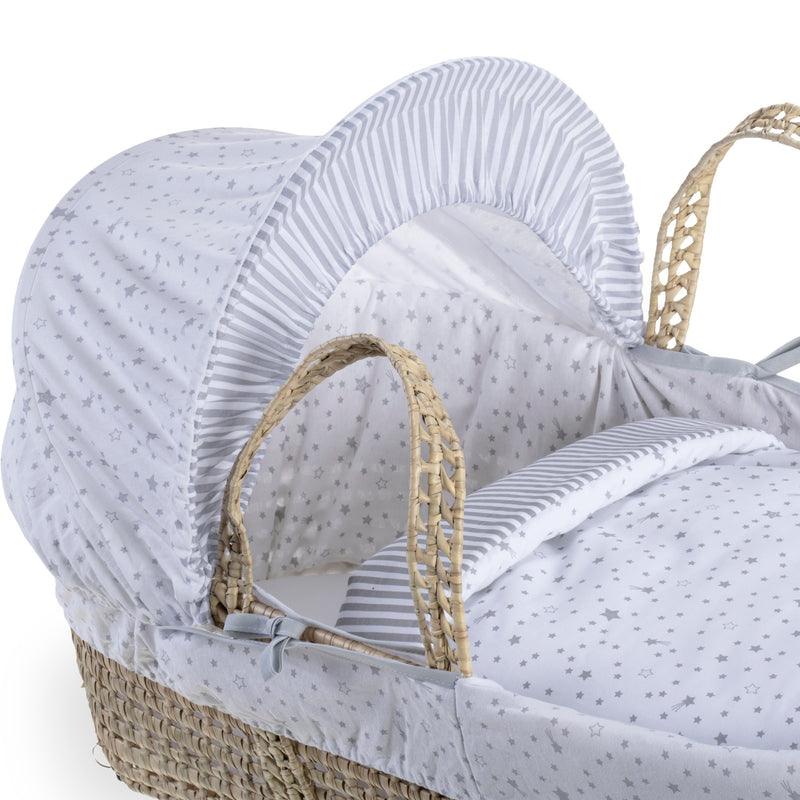 Grey Stars & Stripes Moses Basket Bedding Set including matching coverlet and hood dressed on a natural palm Moses basket with two sturdy palm handles | Moses Basket Dressings | Bedding Sets - Clair de Lune UK