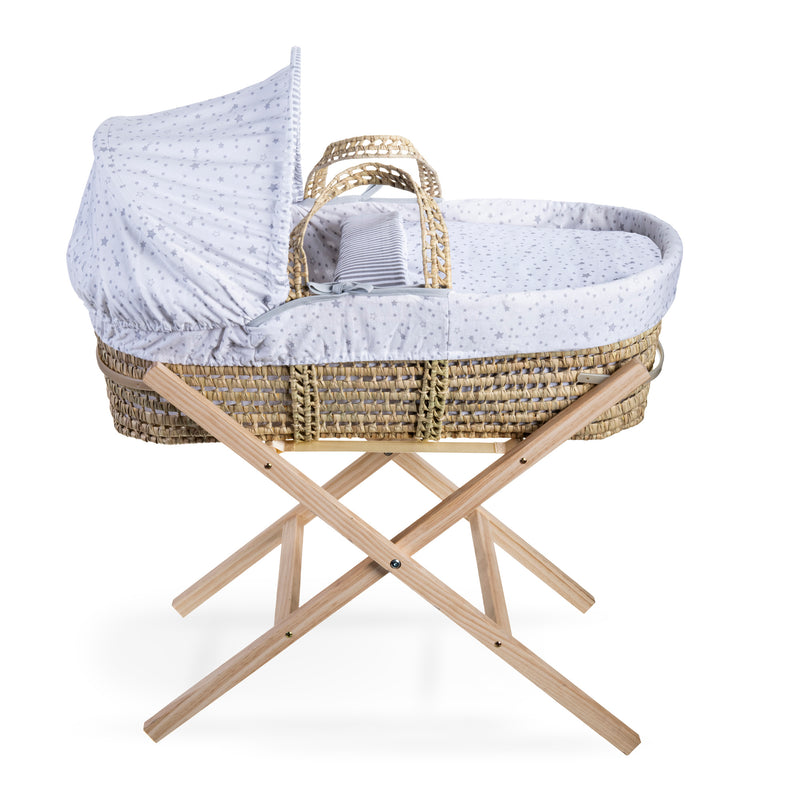 Grey Stars & Stripes Palm Moses Basket on the natural compact folding Moses stand | Moses Baskets | Co-sleepers | Nursery Furniture - Clair de Lune UK