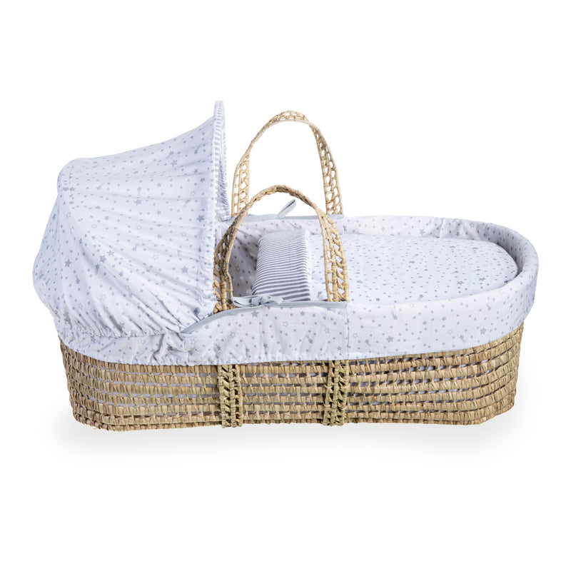Grey Stars & Stripes Palm Moses Basket showcasing the traditional Moses basket design with a Moses hood | Moses Baskets | Co-sleepers | Nursery Furniture - Clair de Lune UK