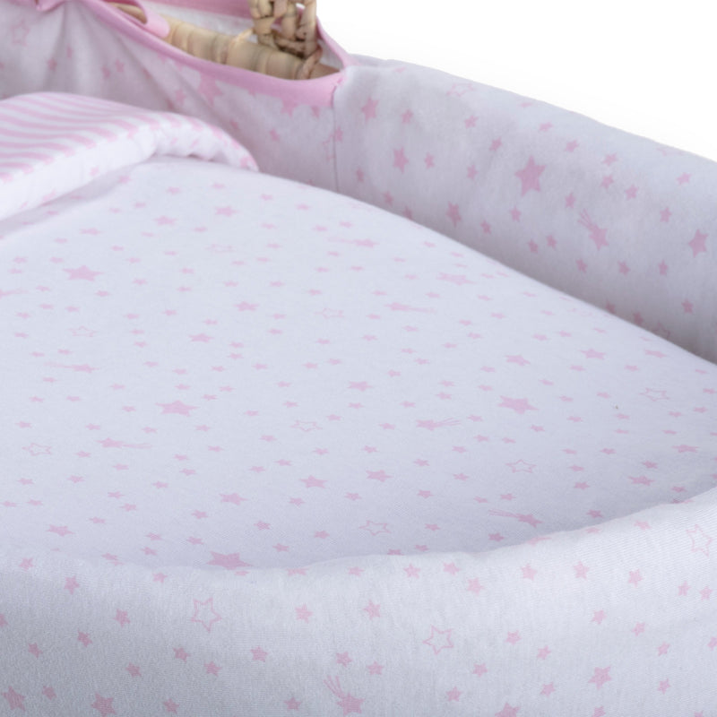 Pink Stars & Stripes Moses Basket Bedding Set showcasing the pink star print dressing and coverlet | Moses Basket Dressings | Nursery Bedding & Decor Collections | Nursery Inspiration - Clair de Lune UK
