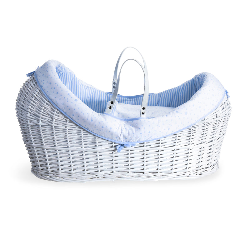 Blue Stars & Stripes White Wrapover® Noah Pod® showing the cocoon shape of the basket | Bassinets | Nursery Furniture - Clair de Lune UK