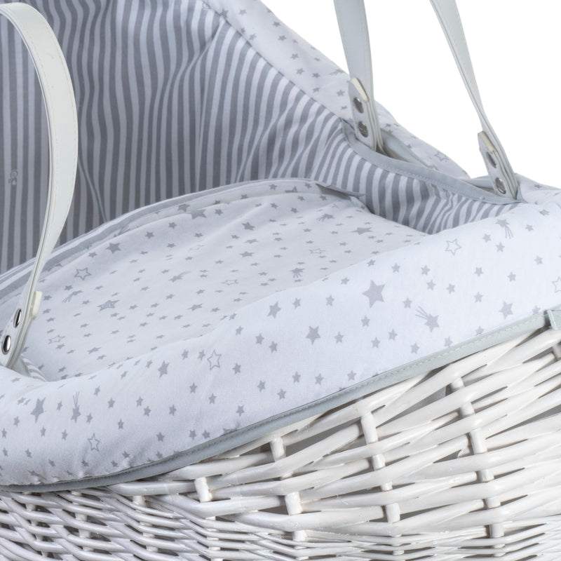 Grey Stars & Stripes White Wrapover® Noah Pod® with the star print dressing and sturdy white wicker | Bassinets | Nursery Furniture - Clair de Lune UK