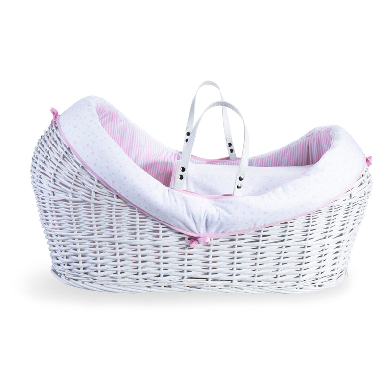 Pink Stars & Stripes White Wrapover® Noah Pod® showing the cocoon shape of the basket | Bassinets | Nursery Furniture - Clair de Lune UK