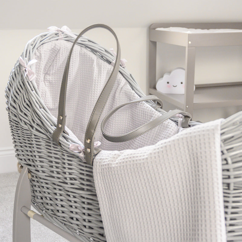  Grey Waffle Grey Wicker Noah Pod® on the Grey Deluxe Rocking Stand with the matching coverlet | Bassinets | Nursery Furniture - Clair de Lune UK