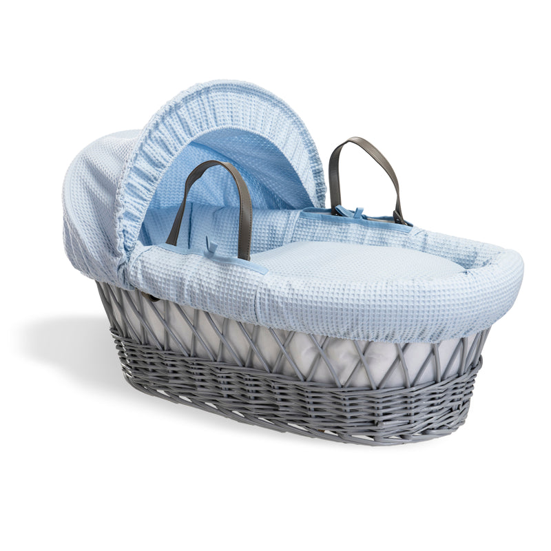 Blue Waffle Grey Wicker Moses Basket | Co-sleepers | Nursery Furniture - Clair de Lune UK