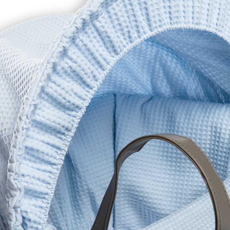Blue Moses Basket Bedding Set coming complete with a matching coverlet and hood made from breathable soft waffle fabrics | Moses Basket Dressings | Bedding Sets - Clair de Lune UK