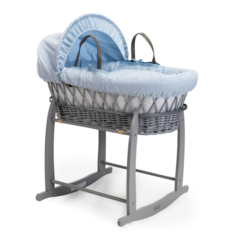 Blue Waffle Grey Wicker Moses Basket on the Grey Deluxe Rocking Stand | Co-sleepers | Nursery Furniture - Clair de Lune UK