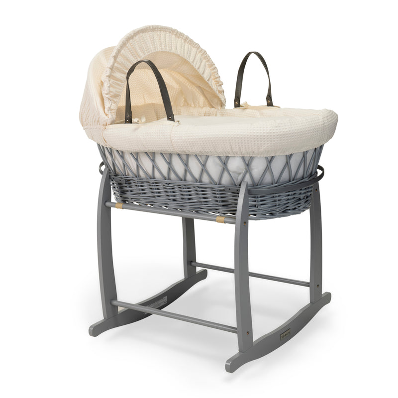 Cream Waffle Grey Wicker Moses Basket on the Grey Deluxe Rocking Stand | Moses Baskets | Co-sleepers | Nursery Furniture - Clair de Lune UK