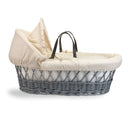 Cream Waffle Grey Wicker Moses Basket coming complete with an adjustable, removable hood, padded liner, two carry handles, a coverlet, and a firm, hypoallergenic fibre mattress | Moses Baby Baskets & Bassinets | Nursery Furniture - Clair de Lune UK