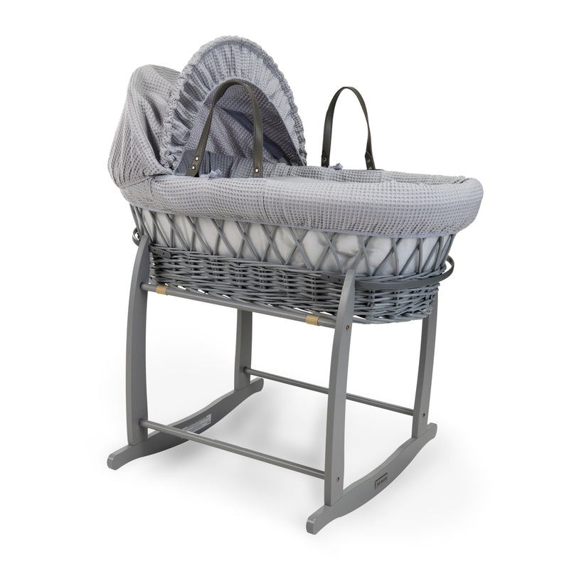 Grey Waffle Grey Wicker Moses Basket on the Grey Deluxe Rocking Stand | Co-sleepers | Nursery Furniture - Clair de Lune UK