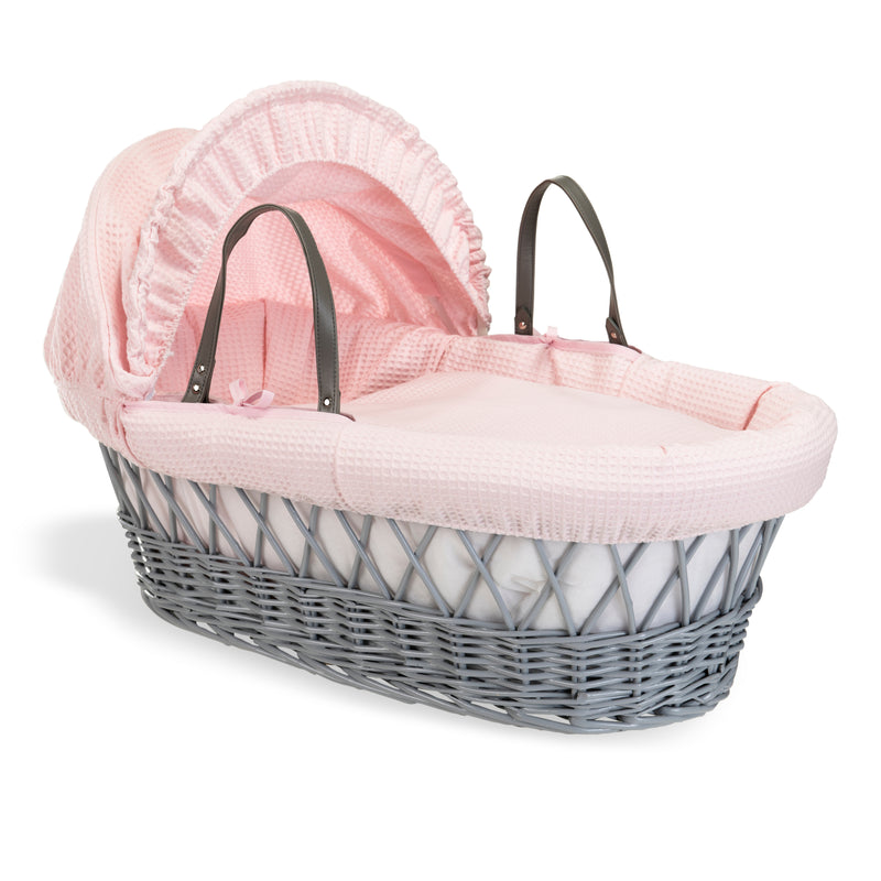 Pink Waffle Grey Wicker Moses Basket | Moses Baskets | Co-sleepers | Nursery Furniture - Clair de Lune UK