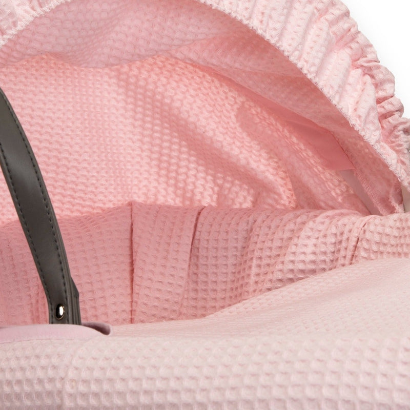 Pink Moses Basket Bedding Set coming complete with a matching coverlet and hood made from breathable soft waffle fabrics | Moses Basket Dressings | Bedding Sets - Clair de Lune UK