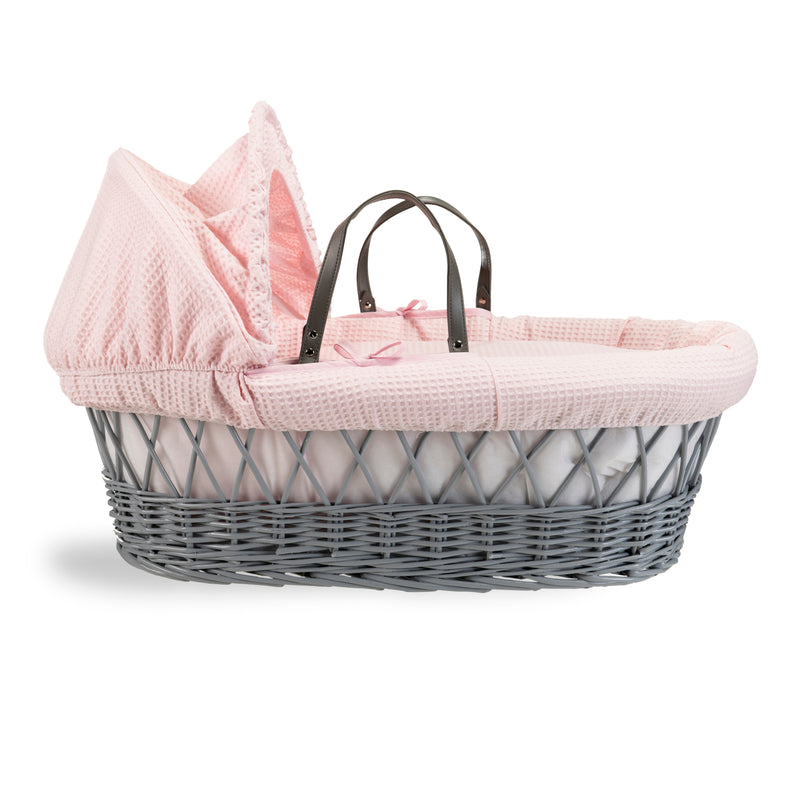 Pink Waffle Grey Wicker Moses Basket coming complete with an adjustable, removable hood, padded liner that covers the interior walls of the basket, two carry handles, a coverlet, and a firm, hypoallergenic fibre mattress | Moses Baskets | Co-sleepers | Nu
