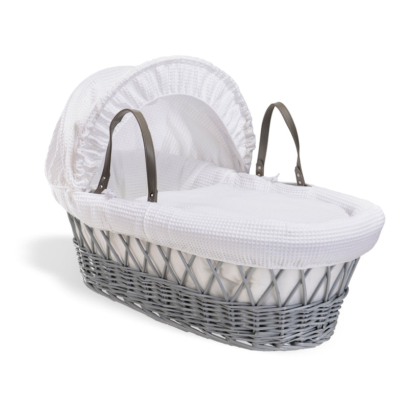 White Waffle Grey Wicker Moses Basket | Moses Baskets | Co-sleepers | Nursery Furniture - Clair de Lune UK
