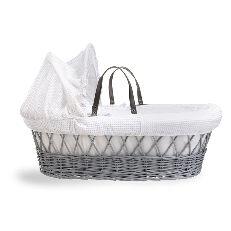 White Waffle Grey Wicker Moses Basket coming complete with an adjustable, removable hood, padded liner that covers the interior walls of the basket, two carry handles, a coverlet, and a firm, hypoallergenic fibre mattress | Co-sleepers | Nursery Furniture