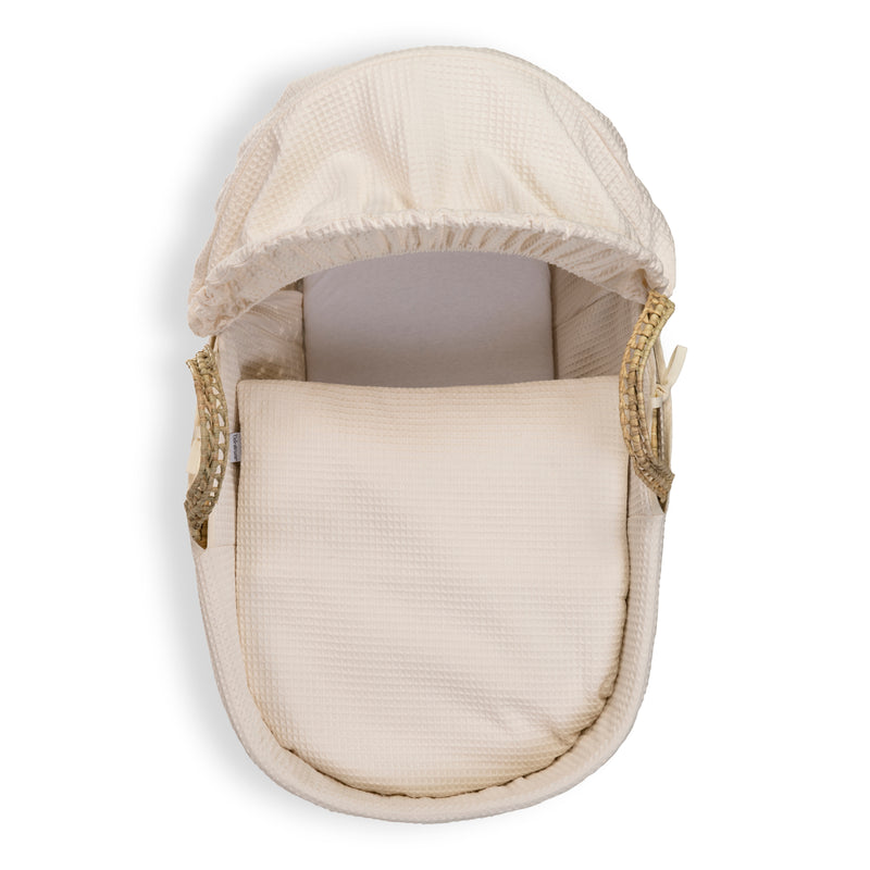 Cream Waffle Palm Moses Basket showcasing the coverlet, mattress and the hood | Moses Baskets | Co-sleepers | Nursery Furniture - Clair de Lune UK