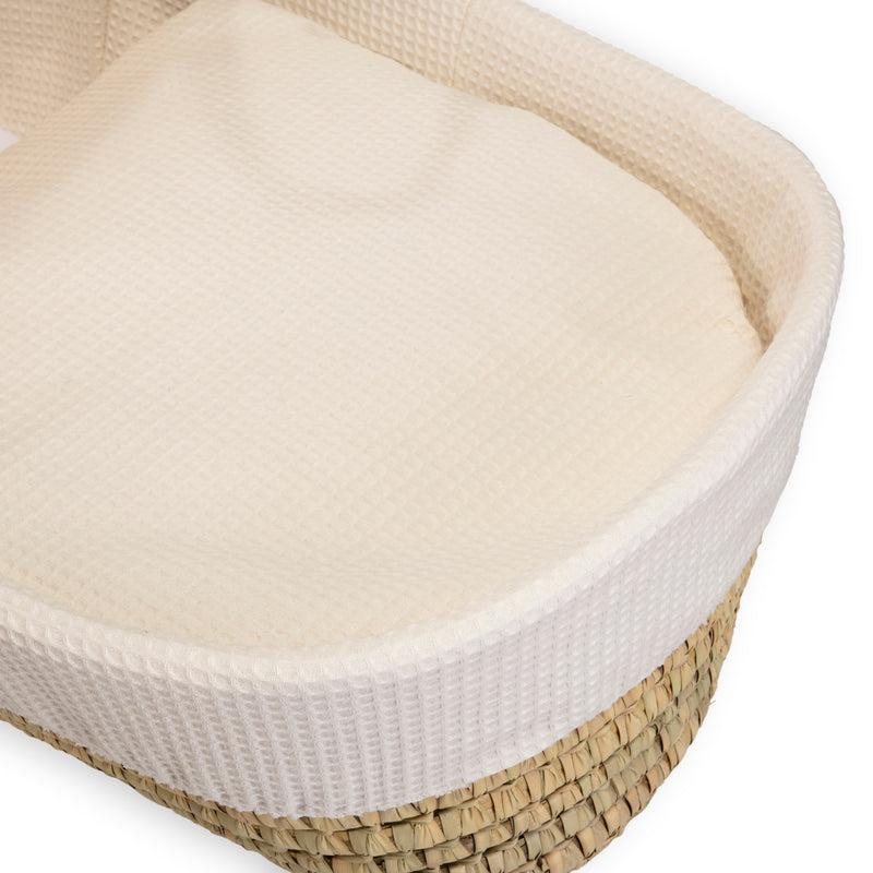 Cream Waffle Palm Moses Basket showing the soft cotton waffle fabrics | Moses Baskets | Co-sleepers | Nursery Furniture - Clair de Lune UK