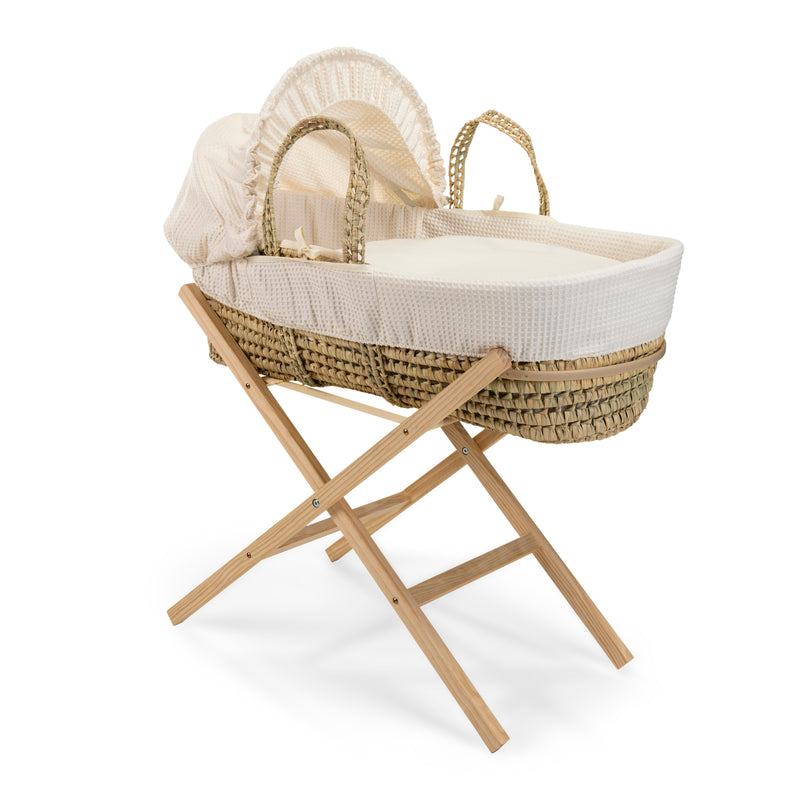 Cream Waffle Palm Moses Basket on the Clair de Lune Natural Compact Folding Moses Stand | Moses Baskets and Stands | Co-sleepers | Nursery Furniture - Clair de Lune UK