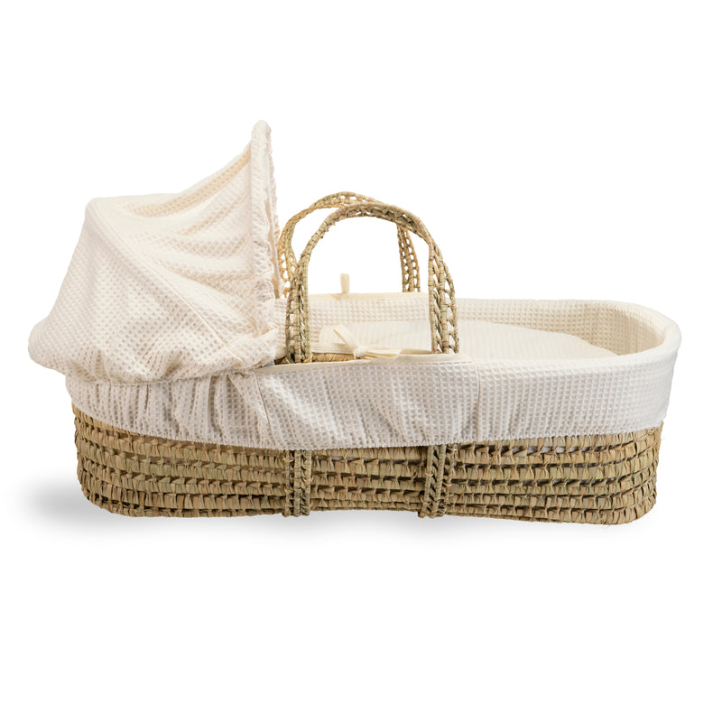 Cream Waffle Palm Moses Basket showing the palm and hood to create a traditional yet cosy sleeping space for babies | Moses Baskets | Co-sleepers | Nursery Furniture - Clair de Lune UK