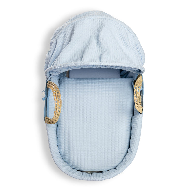 Blue Waffle Palm Moses Basket showcasing the coverlet, mattress and the hood | Moses Baskets | Co-sleepers | Nursery Furniture - Clair de Lune UK