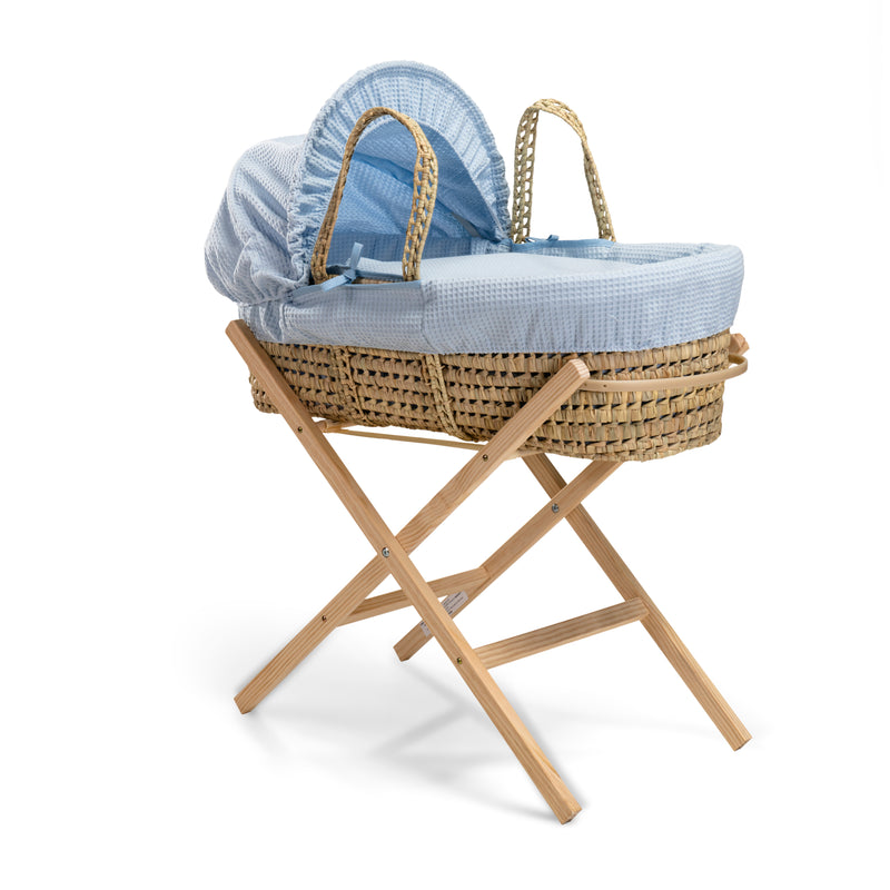 Blue Waffle Palm Moses Basket on the Clair de Lune Natural Compact Folding Moses Stand | Moses Baskets and Stands | Co-sleepers | Nursery Furniture - Clair de Lune UK