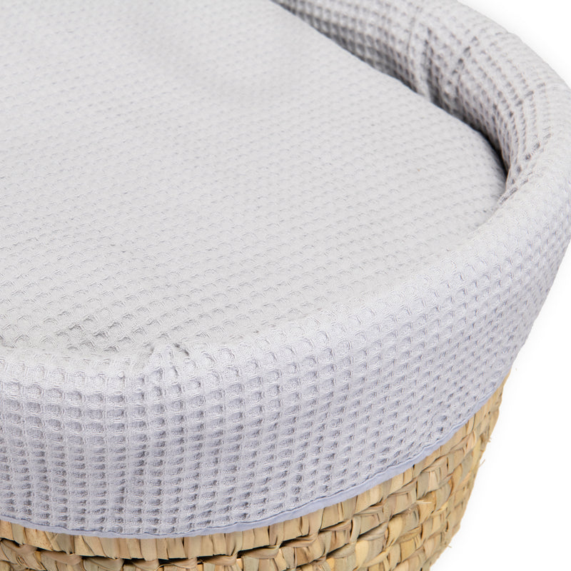 Grey Waffle Palm Moses Basket showing the soft cotton waffle fabrics | Moses Baskets | Co-sleepers | Nursery Furniture - Clair de Lune UK