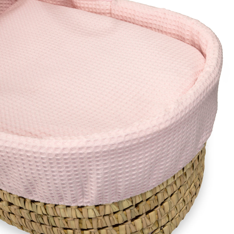 Pink Waffle Palm Moses Basket showing the soft cotton waffle fabrics | Moses Baskets | Co-sleepers | Nursery Furniture - Clair de Lune UK