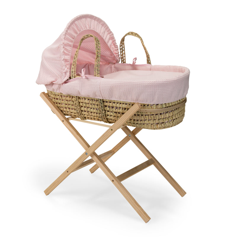 Pink Waffle Palm Moses Basket on the Clair de Lune Natural Compact Folding Moses Stand | Moses Baskets and Stands | Co-sleepers | Nursery Furniture - Clair de Lune UK