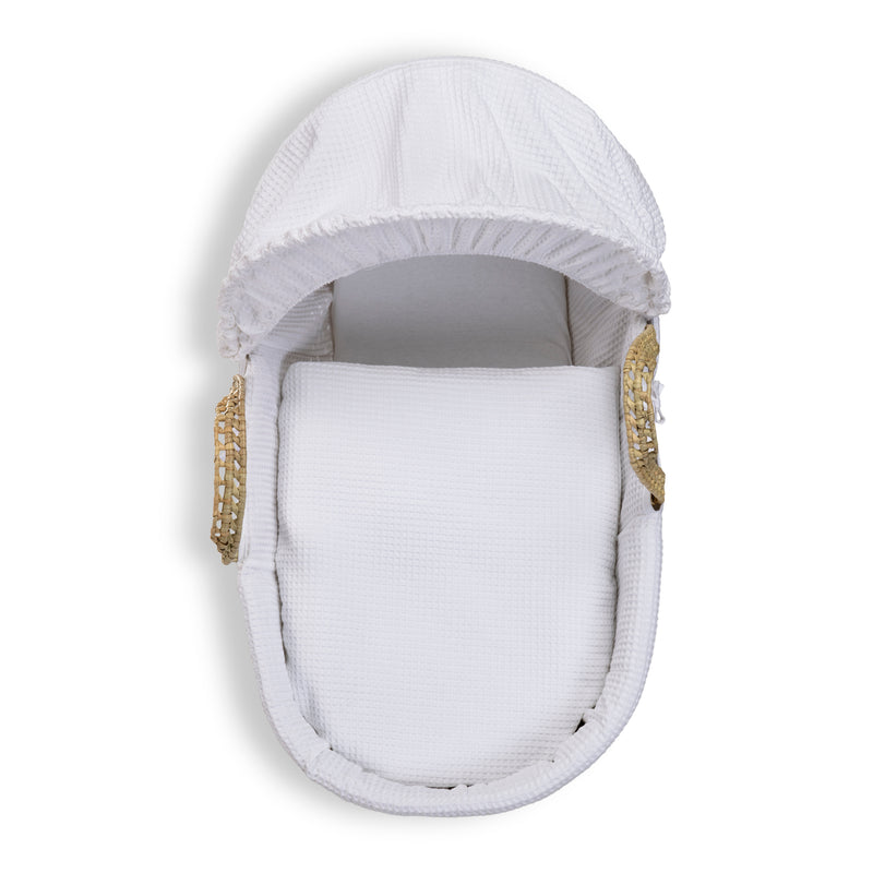 White Waffle Palm Moses Basket showcasing the coverlet, mattress and the hood | Moses Baskets | Co-sleepers | Nursery Furniture - Clair de Lune UK