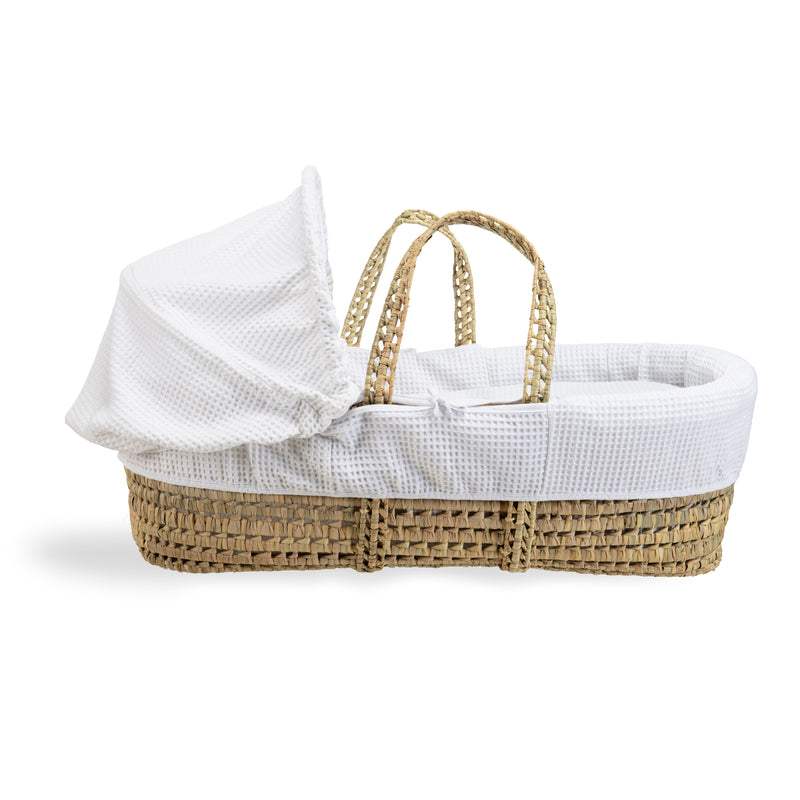 White Waffle Palm Moses Basket showing the palm and hood to create a traditional yet cosy sleeping space for babies | Moses Baskets | Co-sleepers | Nursery Furniture - Clair de Lune UK