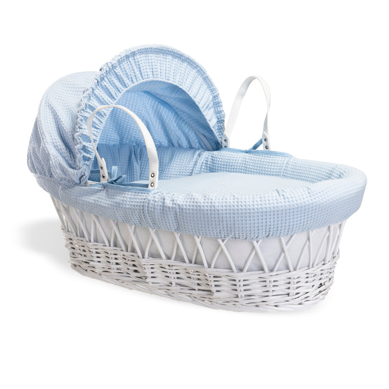 Blue Waffle White Wicker Moses Basket | Co-sleepers | Nursery Furniture - Clair de Lune UK