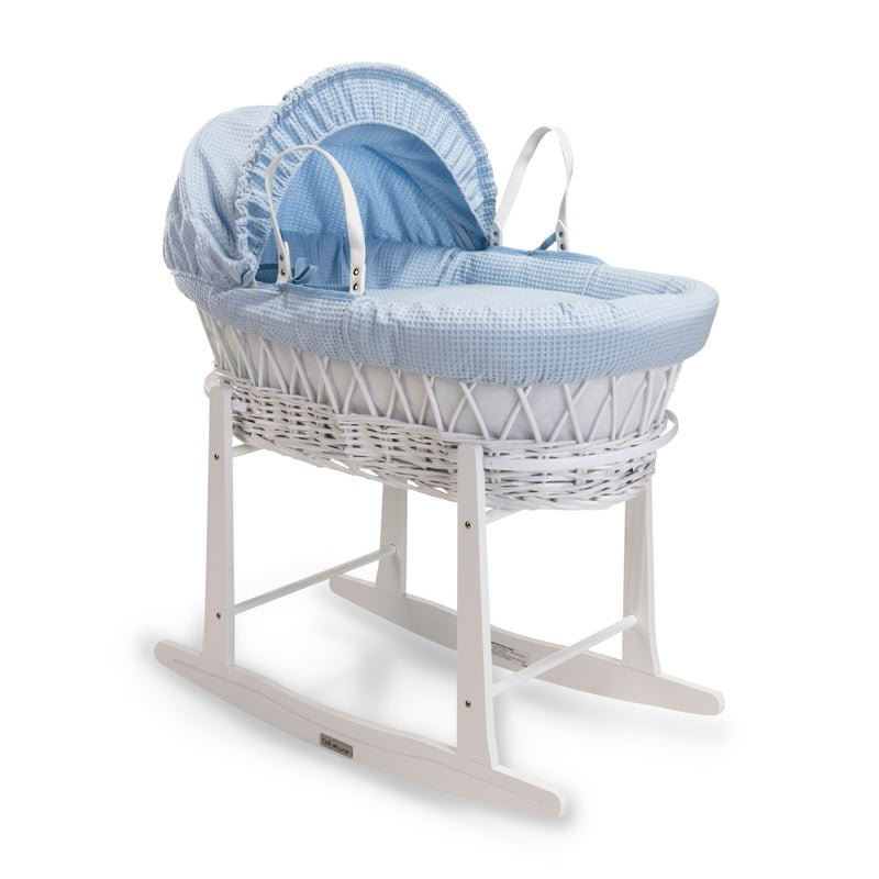 Blue Waffle White Wicker Moses Basket on the White Standard Rocking Stand | Co-sleepers | Nursery Furniture - Clair de Lune UK