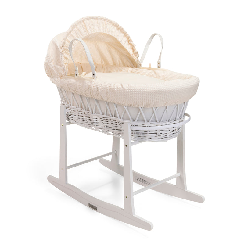 Cream Waffle White Wicker Moses Basket on the White Standard Rocking Stand | Co-sleepers | Nursery Furniture - Clair de Lune UK