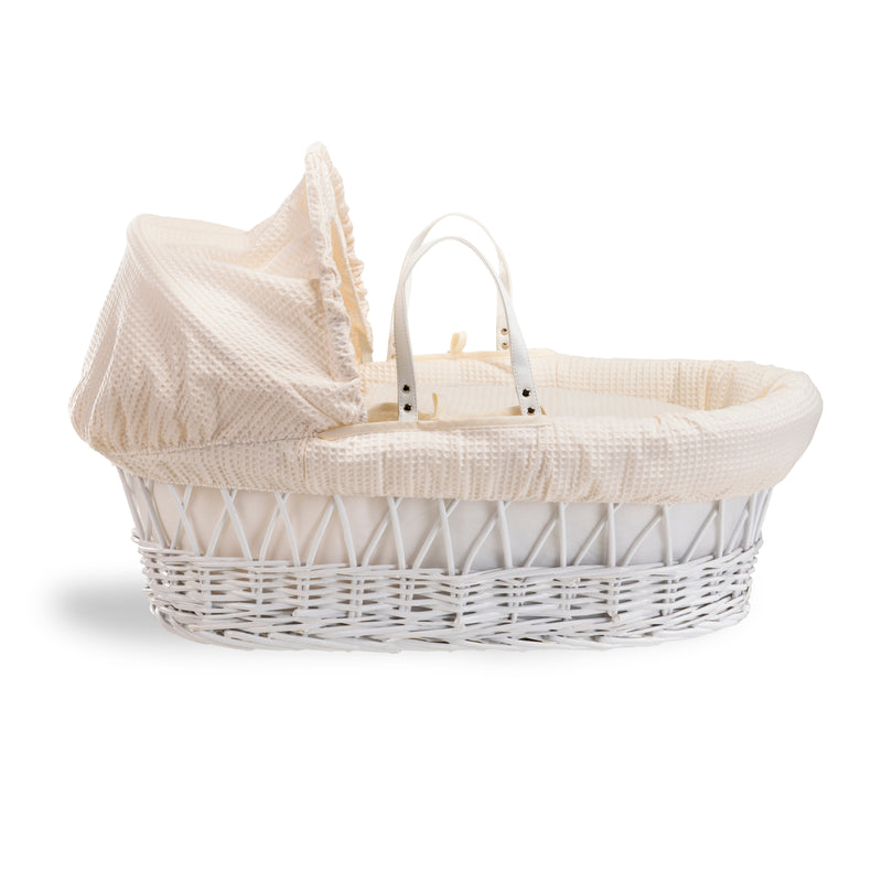 Cream Waffle White Wicker Moses Basket coming complete with an adjustable, removable hood, padded liner that covers the interior walls of the basket, two carry handles, a coverlet, and a firm, hypoallergenic fibre mattress | Co-sleepers | Nursery Furnitur