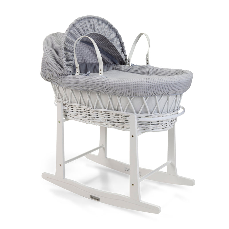 Grey Waffle White Wicker Moses Basket on the White Standard Rocking Stand | Co-sleepers | Nursery Furniture - Clair de Lune UK