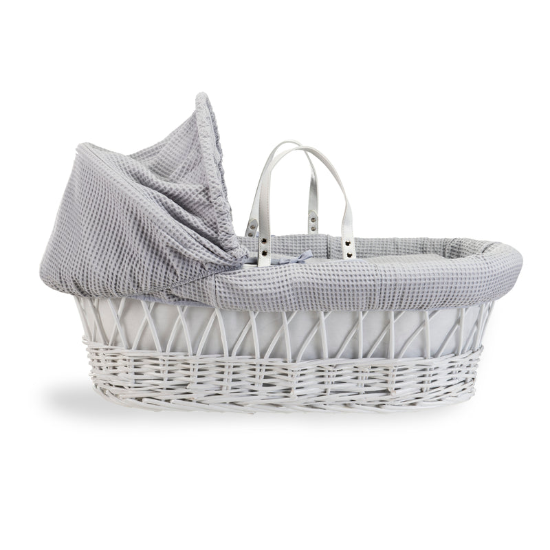 Grey Waffle White Wicker Moses Basket coming complete with an adjustable, removable hood, padded liner that covers the interior walls of the basket, two carry handles, a coverlet, and a firm, hypoallergenic fibre mattress | Co-sleepers | Nursery Furniture
