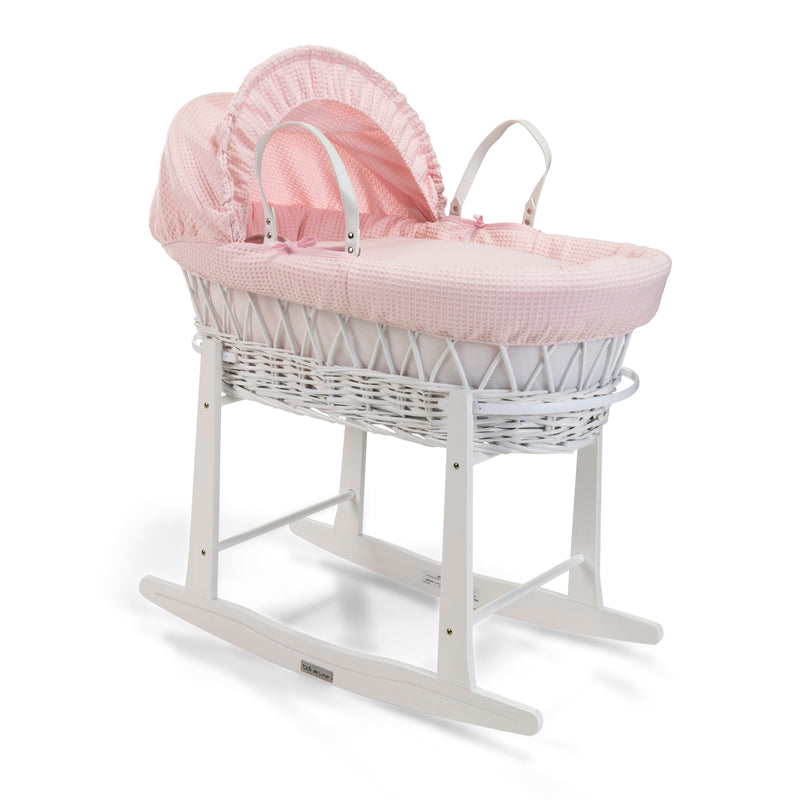 Pink Waffle White Wicker Moses Basket on the White Standard Rocking Stand | Co-sleepers | Nursery Furniture - Clair de Lune UK
