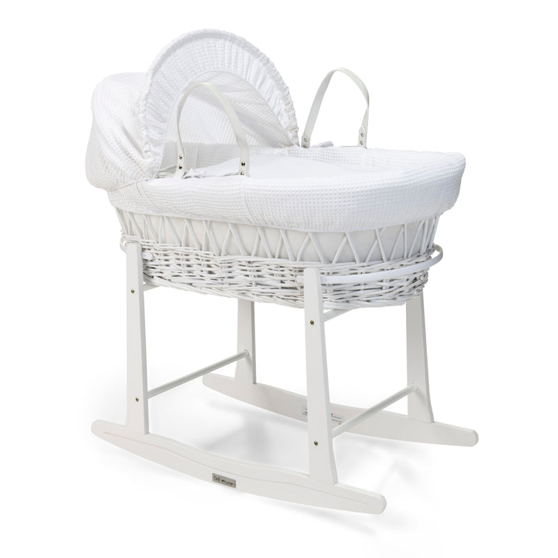 White Waffle White Wicker Moses Basket on the White Standard Rocking Stand | Co-sleepers | Nursery Furniture - Clair de Lune UK