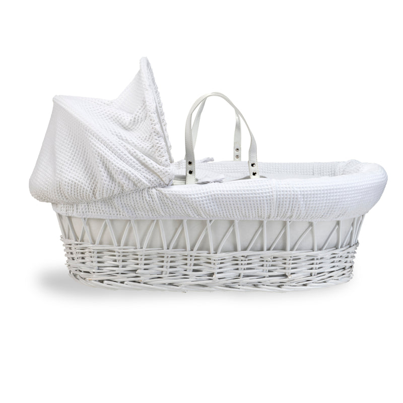 White Waffle White Wicker Moses Basket coming complete with an adjustable, removable hood, padded liner that covers the interior walls of the basket, two carry handles, a coverlet, and a firm, hypoallergenic fibre mattress | Co-sleepers | Nursery Furnitur