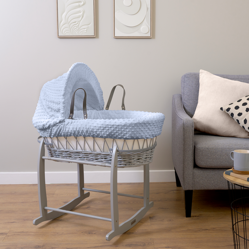 Blue Dimple Grey Wicker Moses Basket bundled with the Grey Deluxe Rocking Stand | Moses Baskets | Co-sleepers | Nursery Furniture - Clair de Lune UK