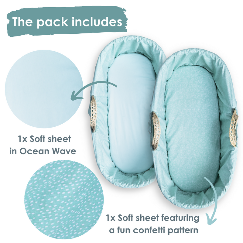 2 Pack Fitted Cotton Colour Pop Moses Basket Sheets in Ocean Wave on the Moses mattresses | Soft Baby Sheets | Cot, Cot Bed, Pram, Crib & Moses Basket Bedding - Clair de Lune UK